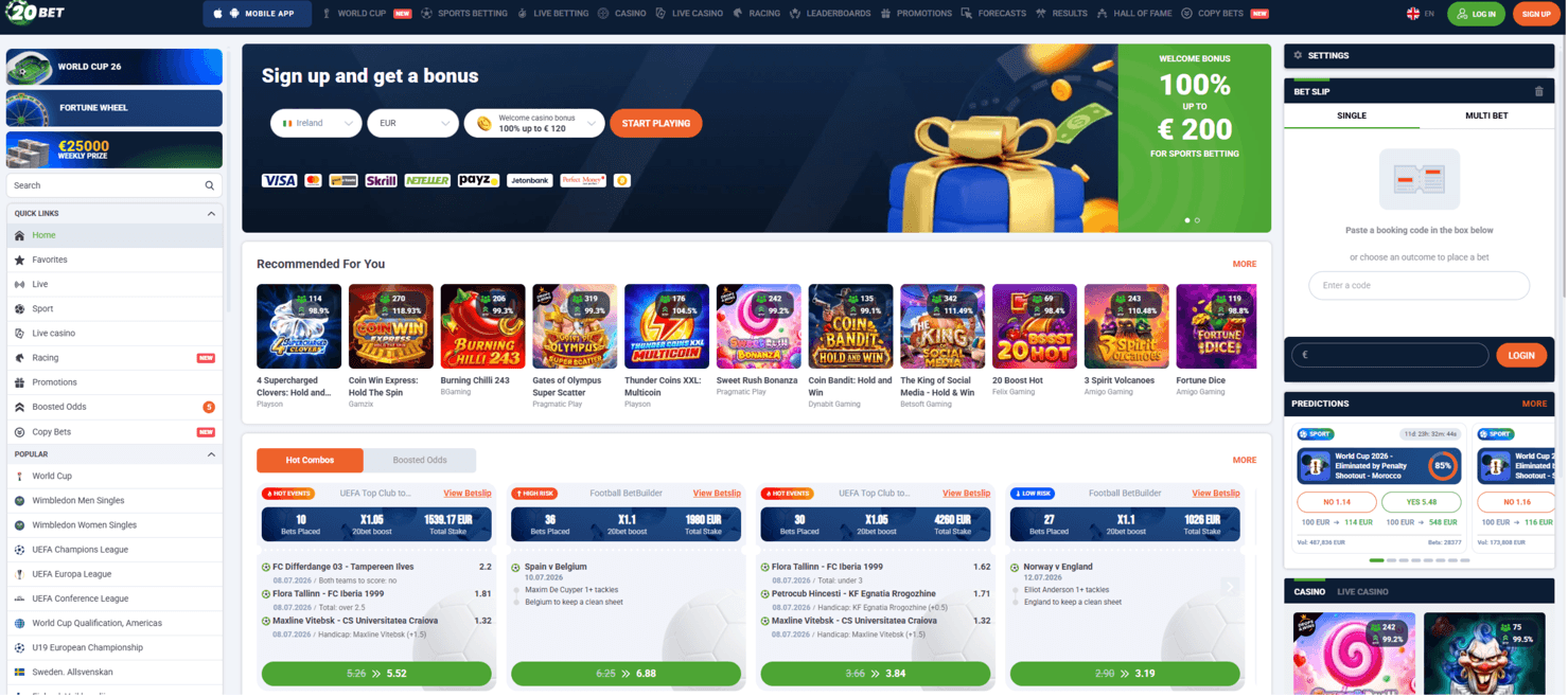 20Bet screenshot showing sportsbook and casino sections in one account