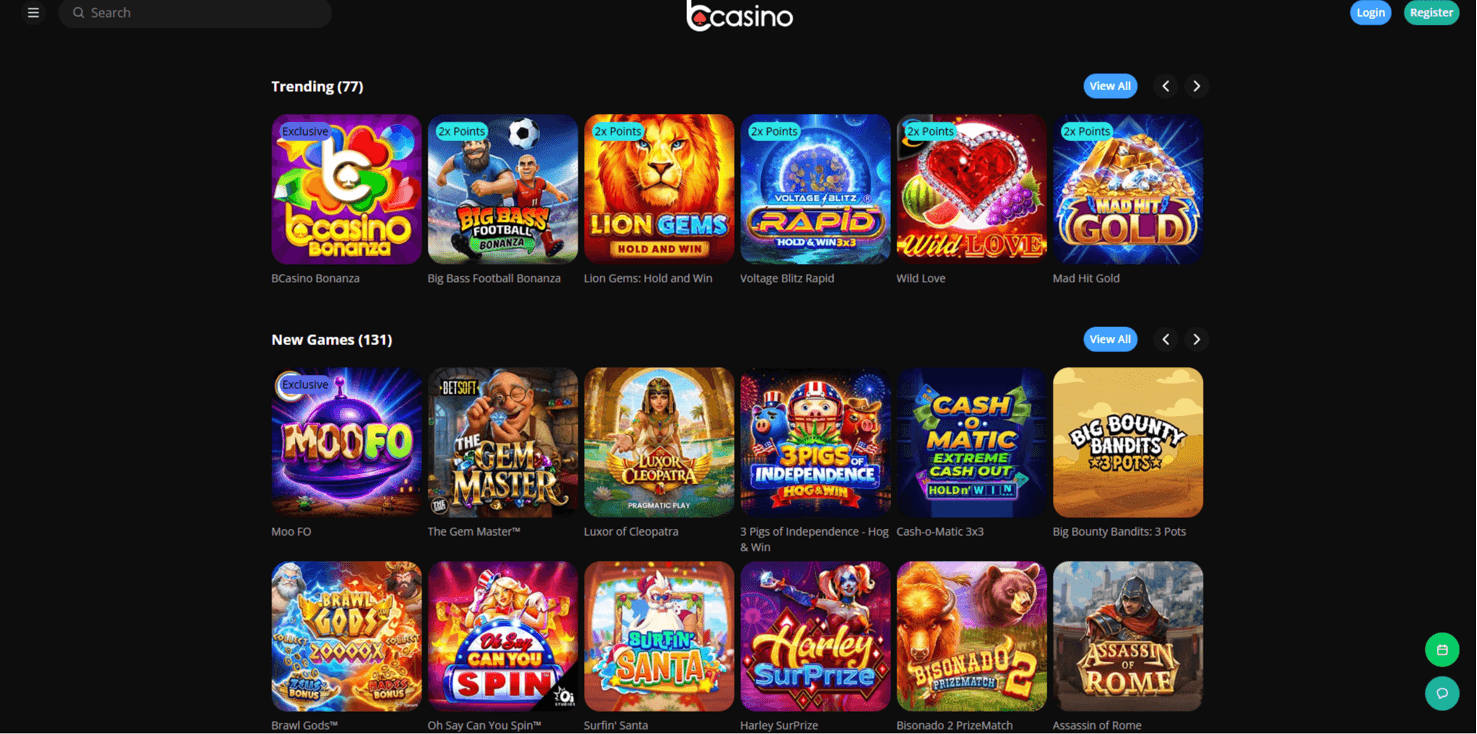 bCasino screenshot showing the lobby and VIP club