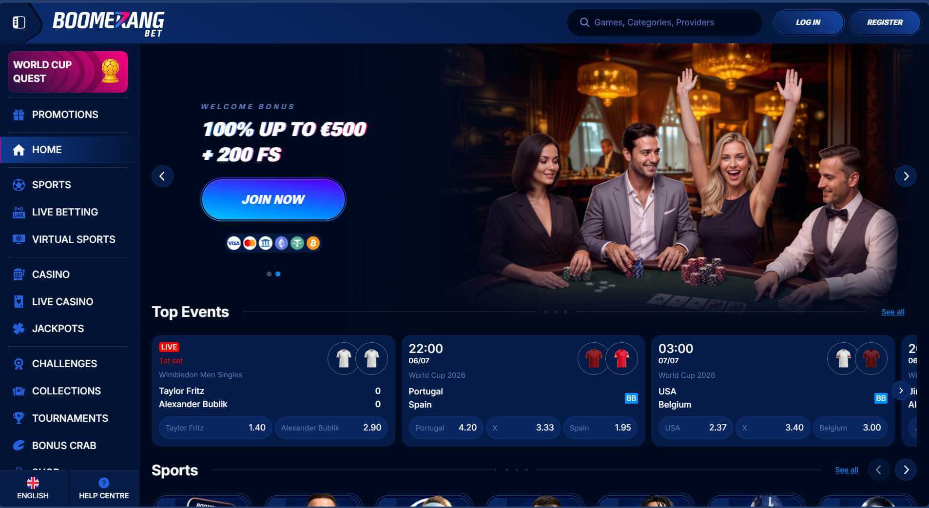 Boomerang.bet screenshot showing the casino mix and cashback tiers