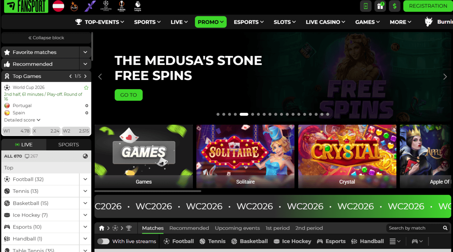 Fansport casino screenshot showing the sports-led design and casino access