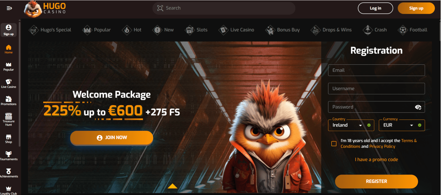 Hugo Casino screenshot showing the welcome bonus and game lobby
