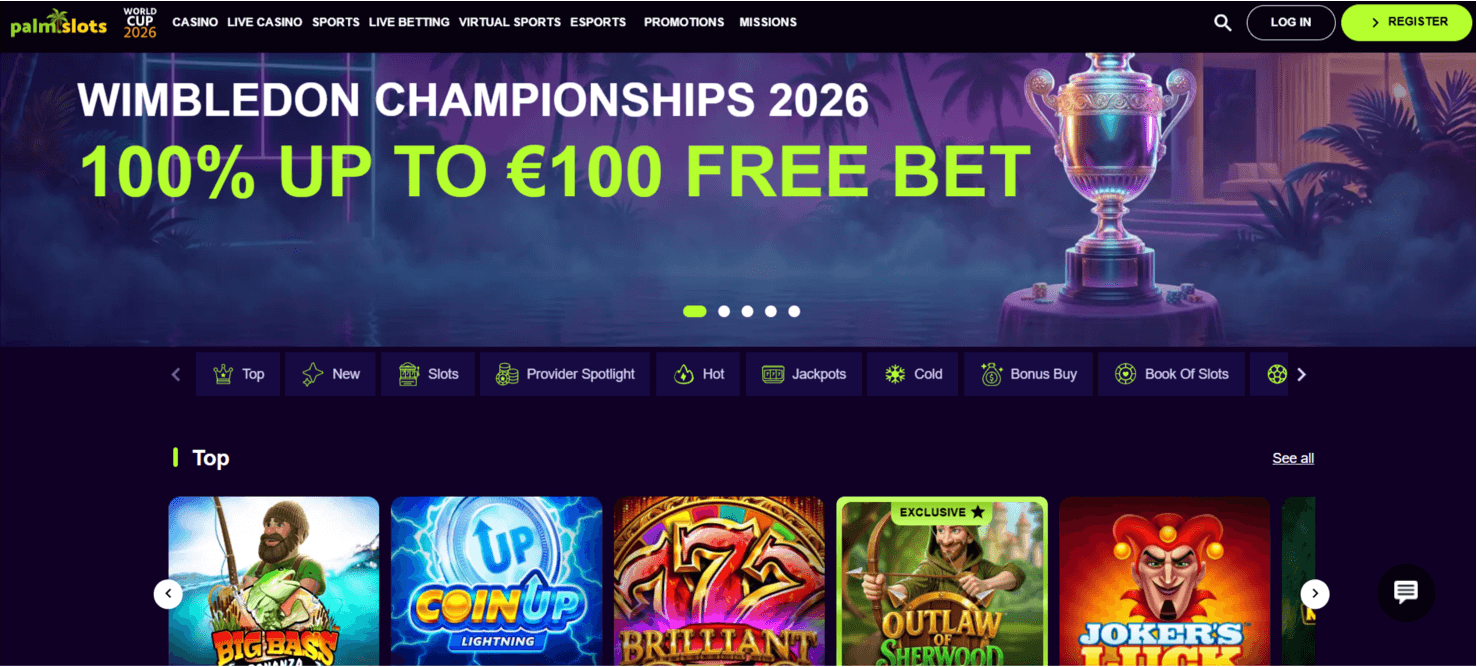 PalmSlots Casino screenshot showing the VIP club and welcome package