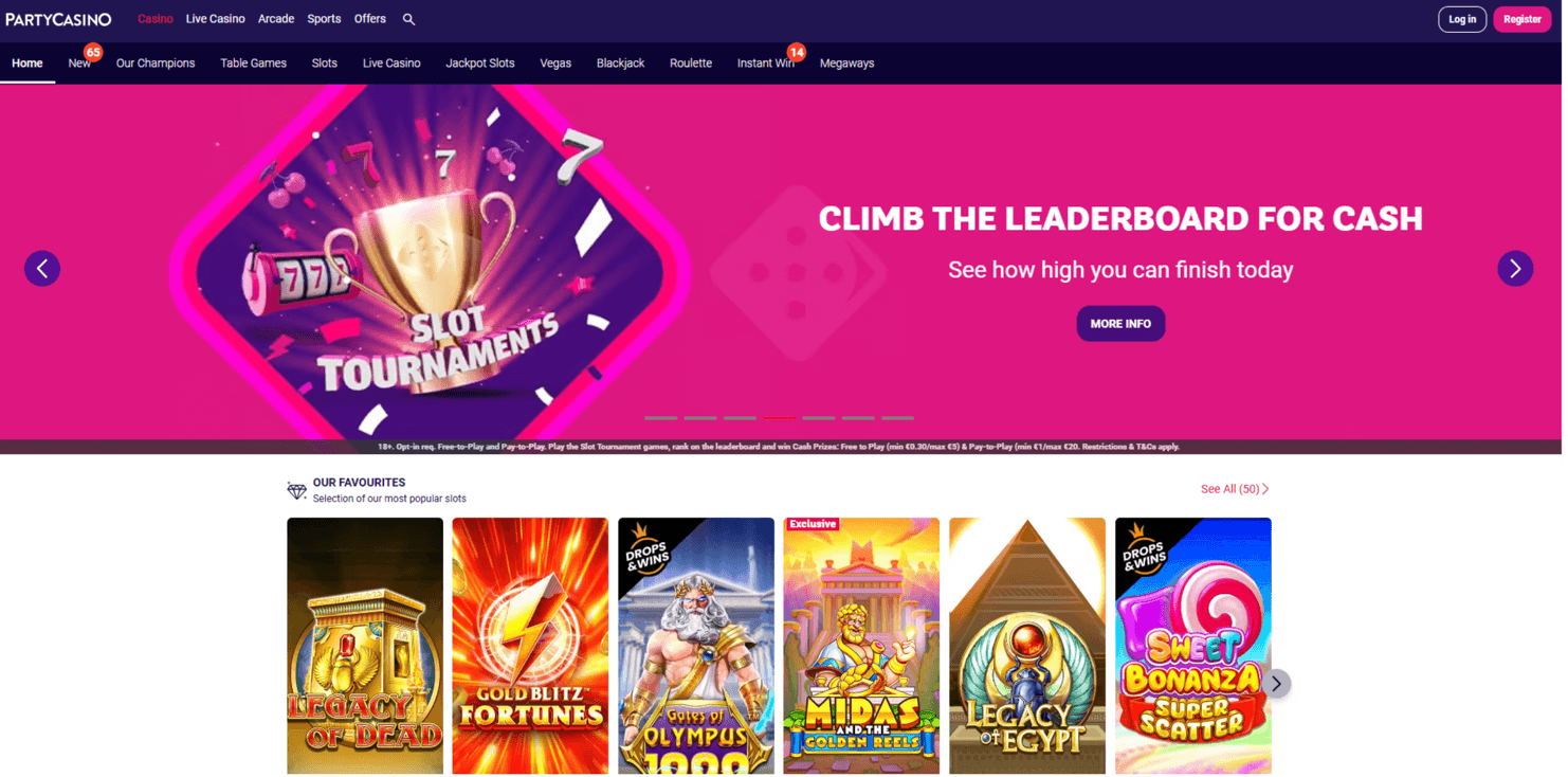 PartyCasino screenshot showing the slots lobby and payment information