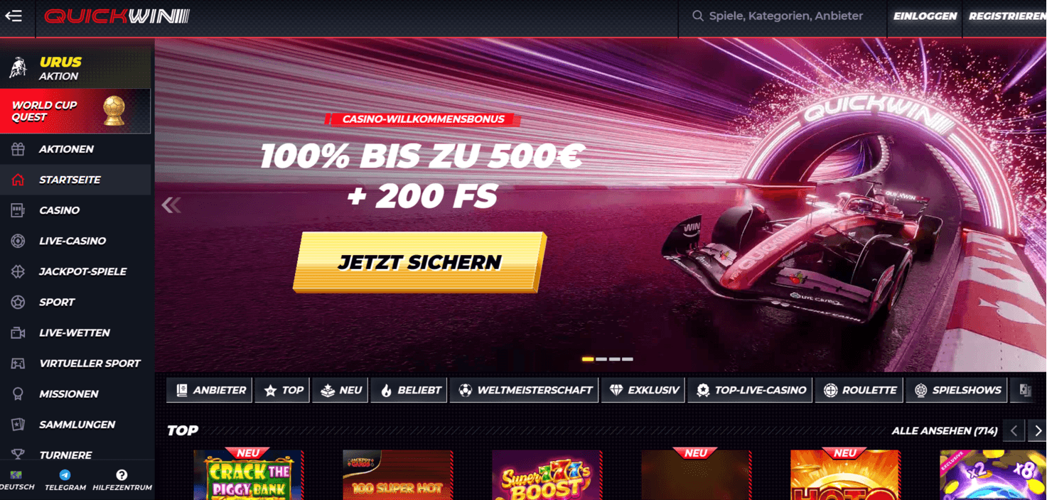 Quickwin casino screenshot showing the lobby and payment options