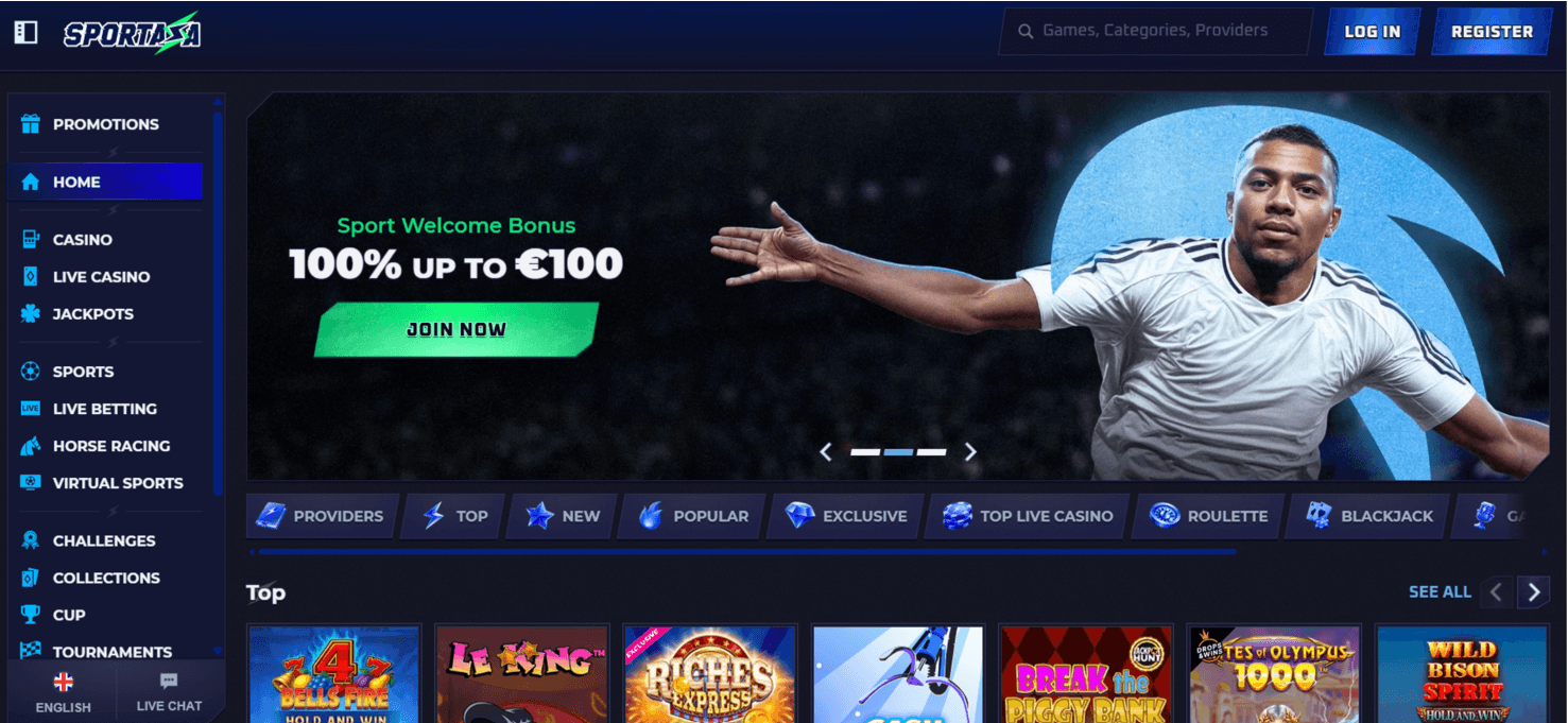 Sportaza casino screenshot showing the sportsbook-style layout and casino section