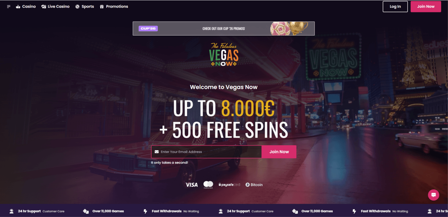 Vegas Now Casino screenshot showing the games lobby and rewards programme