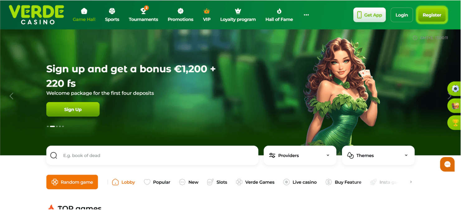 Verde Casino homepage screenshot showing the welcome offer and slot categories
