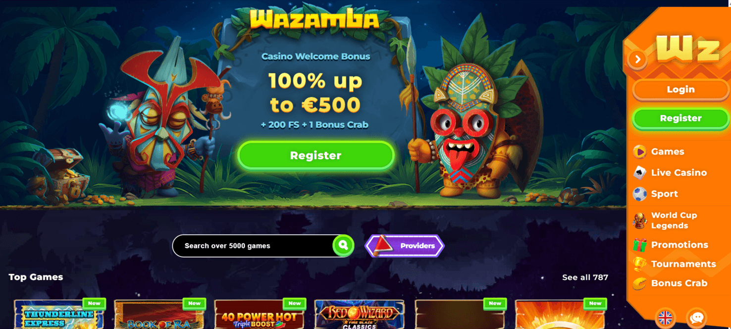 Wazamba casino screenshot showing the game library and reward features